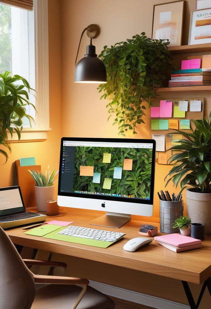 A visually appealing digital workspace featuring various bookmarking tools displayed on a laptop screen, colorful sticky notes with links pinned around, and an organized digital folder on the desktop. The background should depict a cozy, inviting home office setting with plants and good lighting, emphasizing efficiency and productivity. super-realistic. vibrant colors. warm tones.