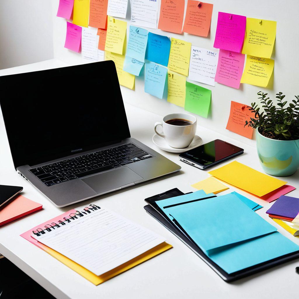 A serene desk scene showcasing an organized digital bookmark collection on a sleek laptop screen, surrounded by vibrant sticky notes and a cup of coffee. Engaging visual elements like a mind map connecting various topics can indicate clarity and order. The background features a soft, calming color palette to reflect a sense of tranquility. super-realistic. vibrant colors. white background.