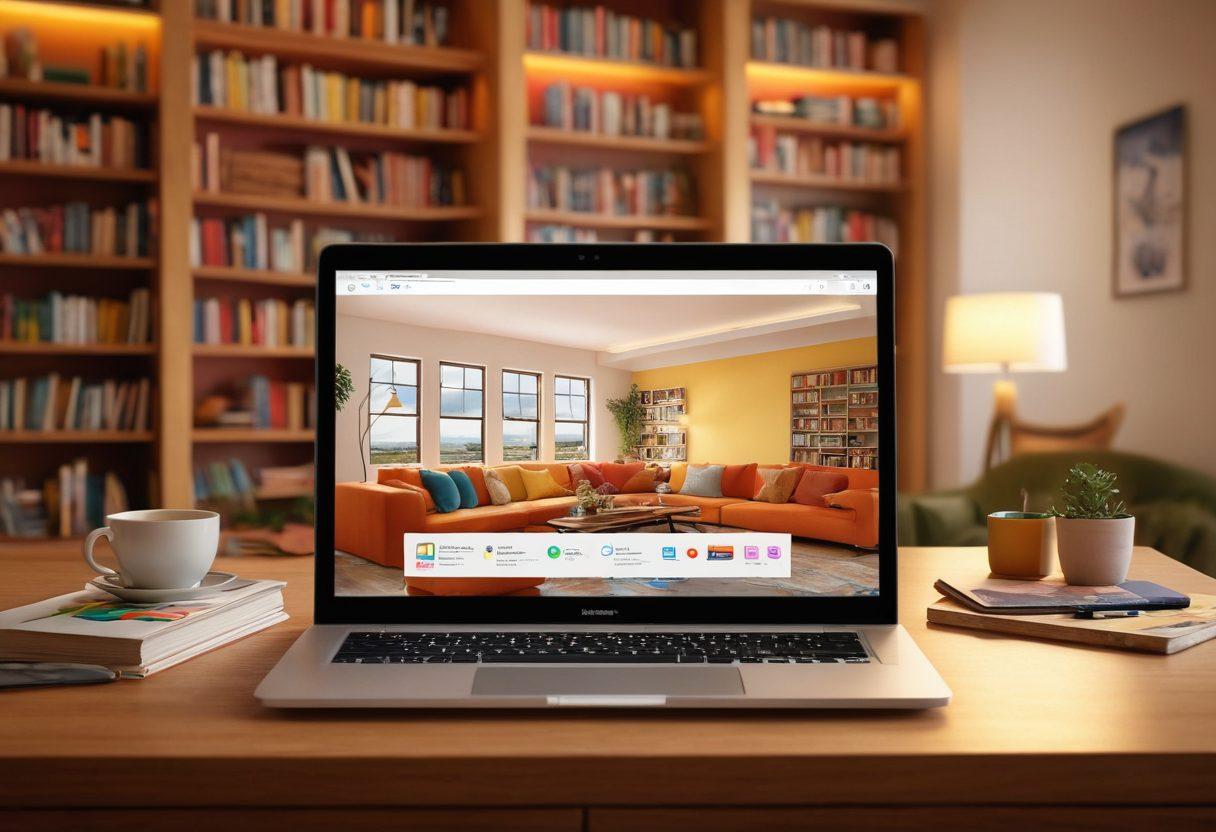A visually captivating scene featuring a beautifully organized digital interface filled with colorful bookmarks, icons representing different categories like travel, recipes, and technology, and a sleek laptop open to a user-friendly bookmarking tool. The background softly fades into a library setting with shelves of books and a cozy reading nook. Warm light filters in, creating an inviting atmosphere that highlights the importance of organization. super-realistic. vibrant colors. 3D.